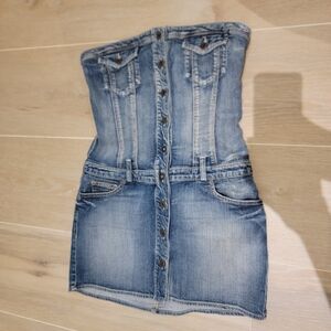 Guess Blue Stretch Distressed Strapless Denim Jeans Dress Size L